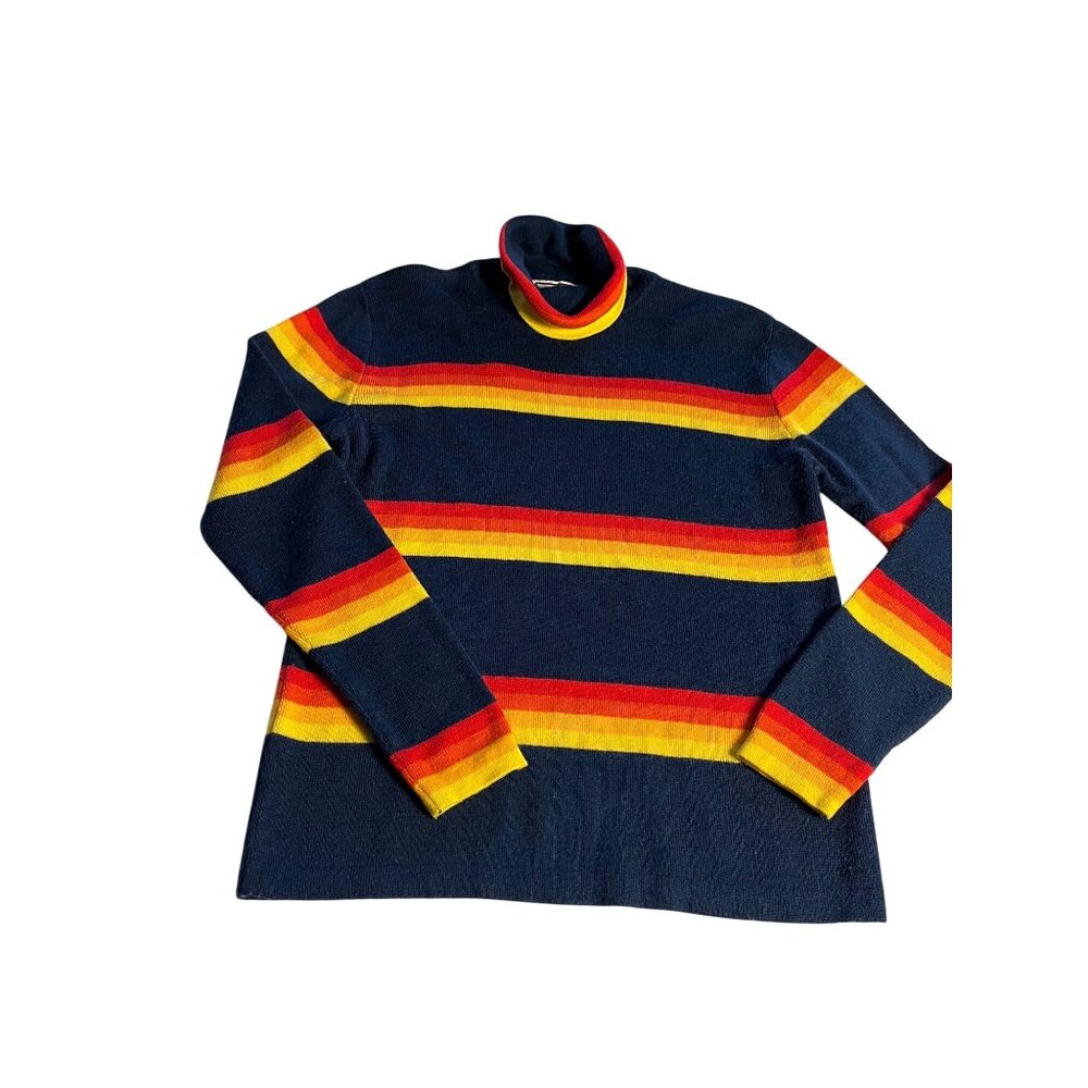 VTG  Snugglers Womens M Wool Blend Striped Turtleneck Sweater Navy/Red/Yellow